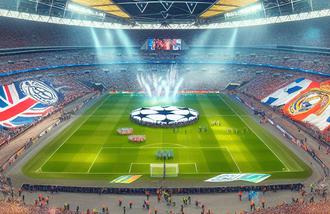 So sah laut dem Bing Image Creator das Champions League Finale 2013 aus. In Wirklichkeit spielte Borussia Dortmund gegen Bayern Mnchen, keine Rede war von einer Knigskrone. (Bing Image Creator)