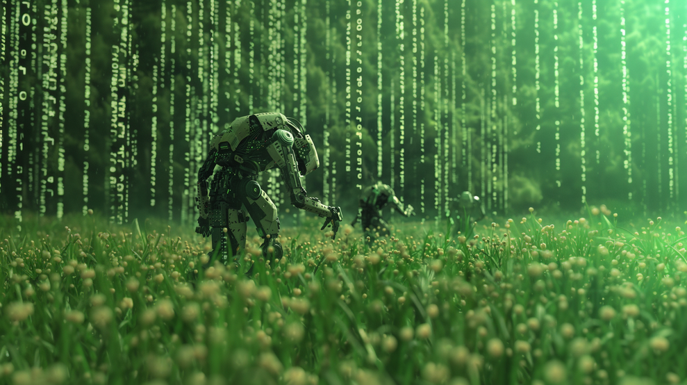 Farmroboter bei der Ernte in einem Datenfeld (Bild: Midjourney/ Sebastian Halm)