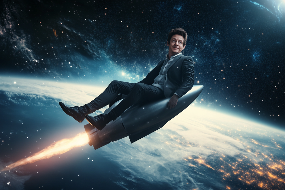 Ein rein zufllig wie Sam Altman aussehender KI-Techbro reitet durchs All auf einer Rakete in eine bessere Welt. (Bild: Sebastian Halm/Midjourney)