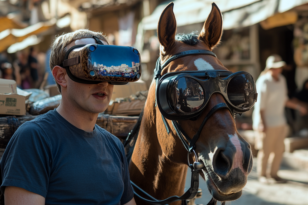 Mark Zuckerberg erklrt einem Retourkutschen-Pferd den Weg: &#34;Noch etwa 1000 Meta, hihi, kleiner Scherz!&#34; (Bild: Sebastian Halm/Midjourney)