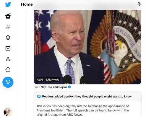 Digital manipuliertes Video von Joe Biden auf Twitter, identifiziert und gekennzeichnet von der Crowd (Bild: Twitter/Screenshot)