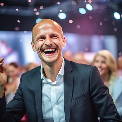 Ich habe Midjourney gefragt, wie ich auf der Dmexco 2023 aussehe. Offenbar verliere ich bis kommende Woche noch 7 Kilo und bekomme neue Kronen. (Bild: Midjourney/Sebastian Halm)