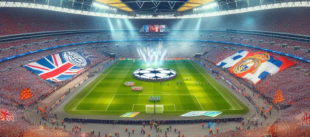 So sah laut dem Bing Image Creator das Champions League Finale 2013 aus. In Wirklichkeit spielte Borussia Dortmund gegen Bayern Mnchen, keine Rede war von einer Knigskrone. (Bild: Bing Image Creator)