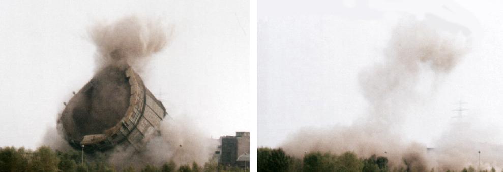 Sprengung des Gasometers der Henrichshtte (Ruhrstahl AG) in Hattingen 1994 (Bild: Stahlkocher)