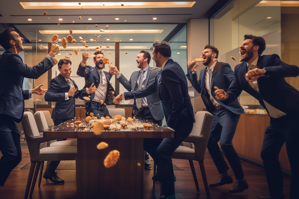 In Werbeagenturen weltweit kam es zu spontanen Cookie-Partys mit Keks-Schlachten (Bild: Sebastian Halm/ Midjourney)