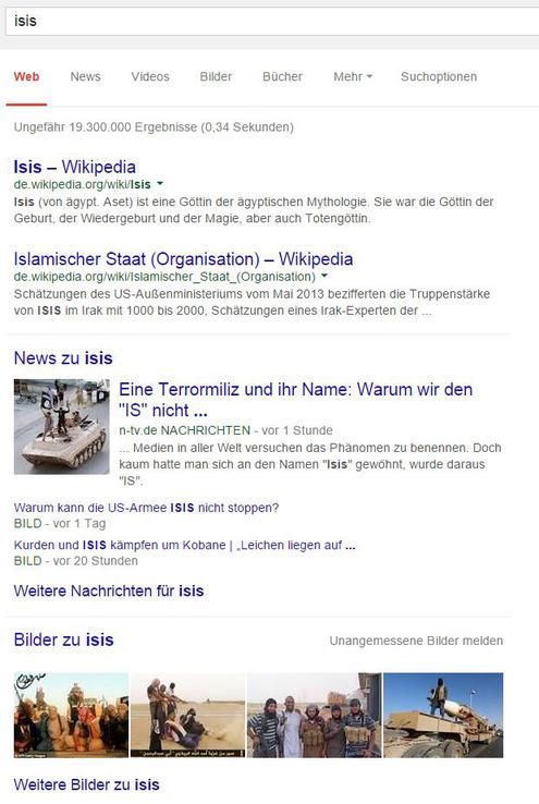 In der Mitte zu sehen: Die Newsintegration auf der allgemeinen Ergebnisseite. Hier finden bald auch alternative Newsquellen Platz. (Bild: Google / Screenshot)