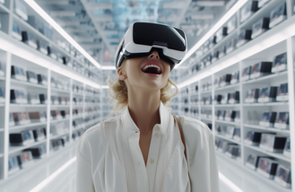 Shopping in der VR soll ein Erlebnis sein. Doch wenn man als Ersatz fr fehlende Haptik und sonstige Sensationen nur virtuelle Werbeschilder bekommt, werden die VerbraucherInnen sich fragen, was das Ganze soll. (Midjourney/Sebastian Halm)
