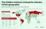 Schadenskarte vom Malwareangriff auf 140 Unternehmen in 40 Lndern nach Kaspersky im Februar 2017